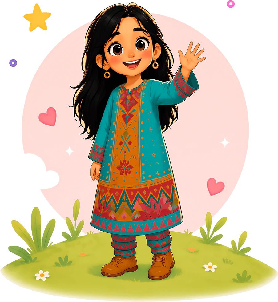 Laila waves in her turquoise Afghan dress.